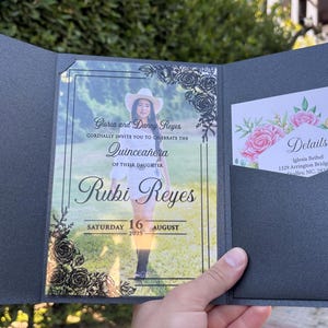 Acrylic Quinceañera Photo Invitation: Black Pearl Envelope, Wax Seal