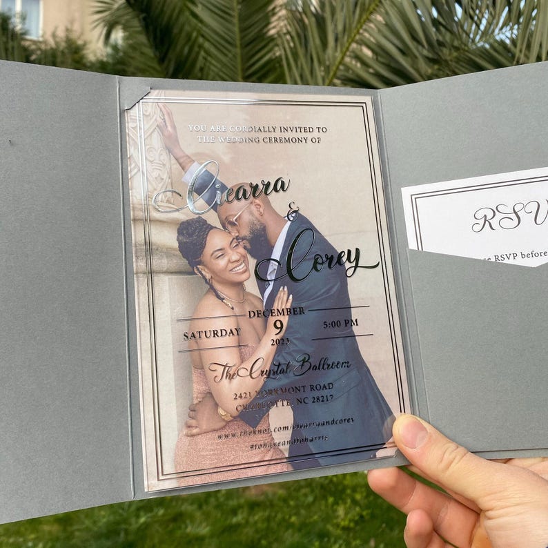 Acrylic Wedding Invitation, Photo Invites, Silver Foil Print, Gray Pocket Envelope image 1