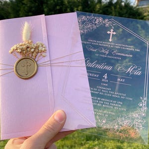Primeira comunidade sagrada, Comunidade sagrada, Convite de batismo, Convite de batismo em acrílico, Convite cristão, Meio envelope de pérola rosa, Taufe