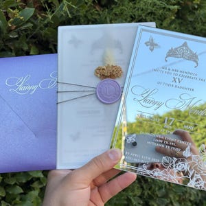 Faire-part Quinceanera miroir argenté, Sweet 16, enveloppe perle lilas