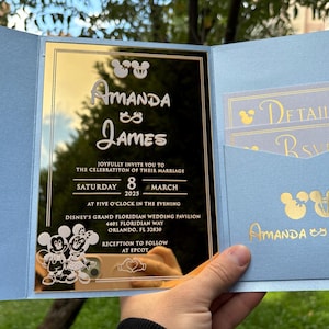 Invito di nozze Disney con effetto specchio oro, Invito con effetto specchio oro, Busta tascabile perla azzurra, Invito di nozze, Invito con effetto specchio