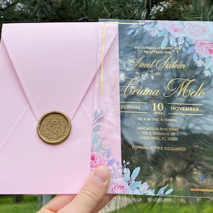 Quitten-Einladung, rosa florale Einladung, Sweet Sixteen, Acryl-Geburtstagseinladung, Hochzeitseinladung, klare Einladung, rosa Umschlag