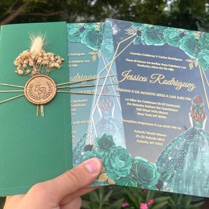 Acrylic Quinceañera Invitation: Emerald Green half envelope, XV Años, Gold Wax Seal