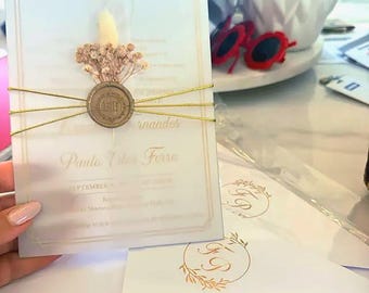 Gold Foil Acrylic Wedding Invitation: Parchment Shirt, Wax Seal & Dried Flowers