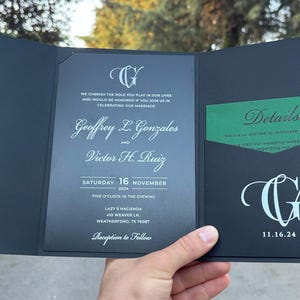 結婚式招待状、黒アクリル結婚式招待状、黒アクリル結婚式招待状、黒ポケット封筒、詳細カード、郵送用封筒