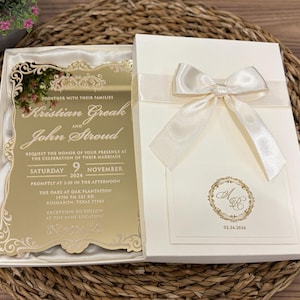 Convite de casamento espelhado dourado, Convite de casamento espelhado com corte personalizado, Caixa de convites em marfim acetinado, Caixa de convites em marfim, Caixa de convites em marfim