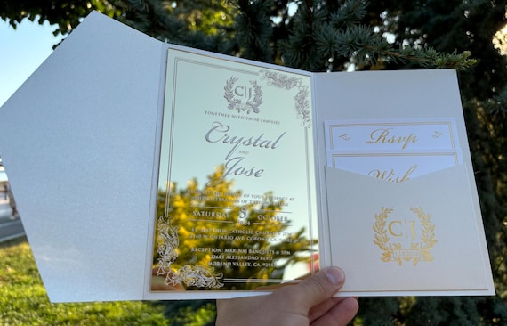 Gold Mirrored Wedding Invitation: Pearl Ivory Pocket Envelope, Set of 100 pieces