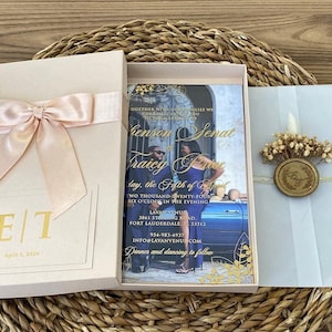 Boxed Hochzeitseinladung , Mit Foto und Acryl Hochzeitseinladung, Rose rosa Perle Einladungsbox, Mit Band Boxed Hochzeitseinladung