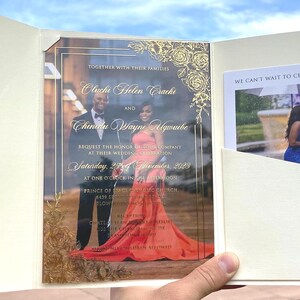 Fotohuwelijksuitnodiging, acrylhuwelijksuitnodiging, transparant acryluitnodiging, envelop met zak, gepersonaliseerde ontwerpuitnodigingen