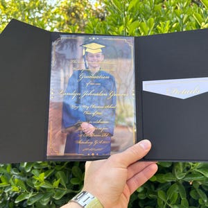 Faire-part de remise des diplômes, Faire-part avec photo, Faire-part de remise des diplômes avec acrylique et carte avec photo, Enveloppe de poche noire, Carte de remise des diplômes