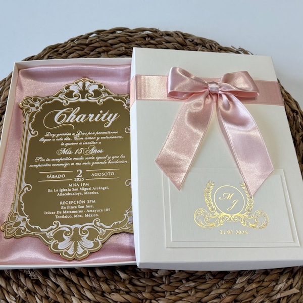 Gold Mirrored Quinceañera Invitation: Pink Ribbon, Satin Box