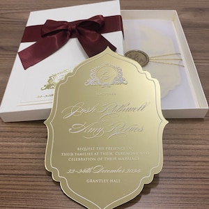 Invitación con espejo, invitación con espejo dorado, invitación en caja envuelta en pergamino, impresión en blanco, invitación de boda, caja de invitación color marfil