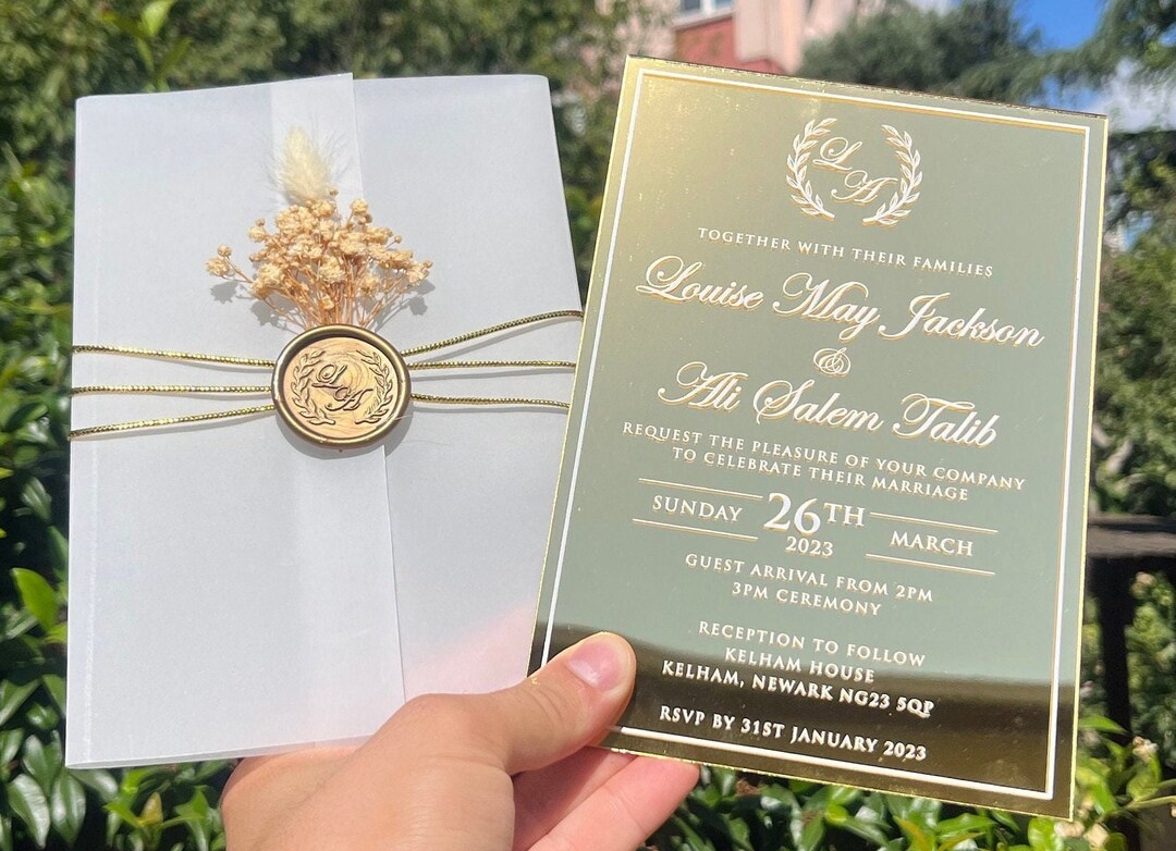Mirror Invitation, Wedding Invitation, Gold Mirrored Wedding Invitation. White Print. Parchment ...