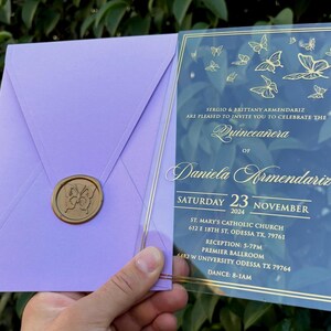Butterfly Quinceañera Invitation: Gold Foil Acrylic, Lilac Envelope