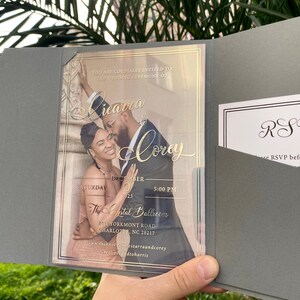 Acrylic Wedding Invitation, Photo Invites, Silver Foil Print, Gray Pocket Envelope image 4
