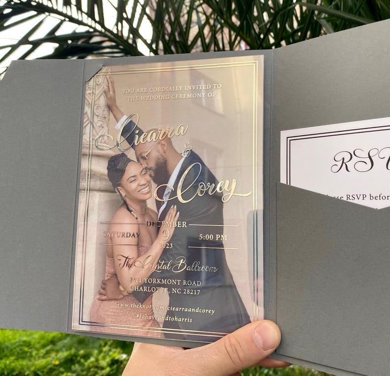 Acrylic Wedding Invitation, Photo Invites, Silver Foil Print, Gray Pocket Envelope image 4