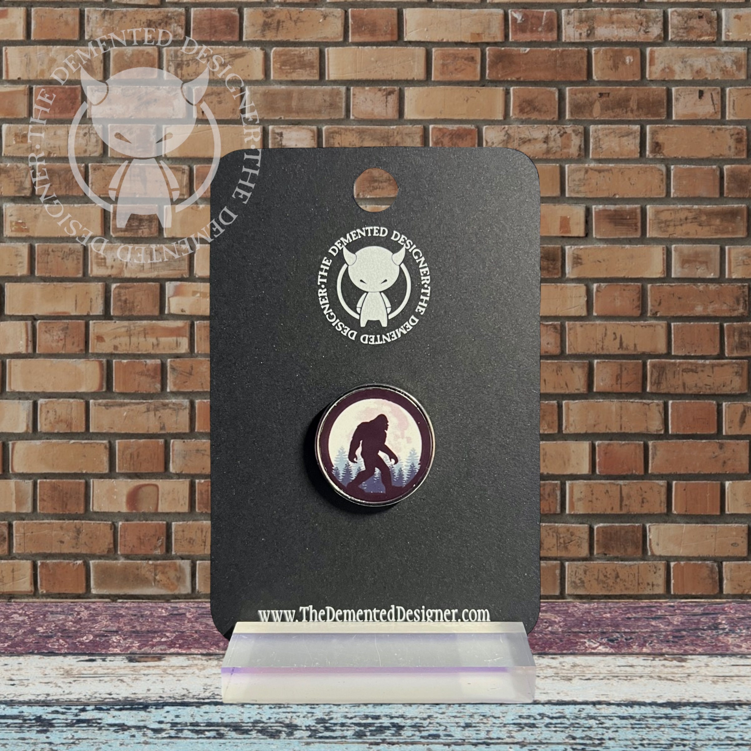 Bigfoot Pin: PNW Sasquatch in Woods, Full Moon - 1" Wide - Thumbnail 2