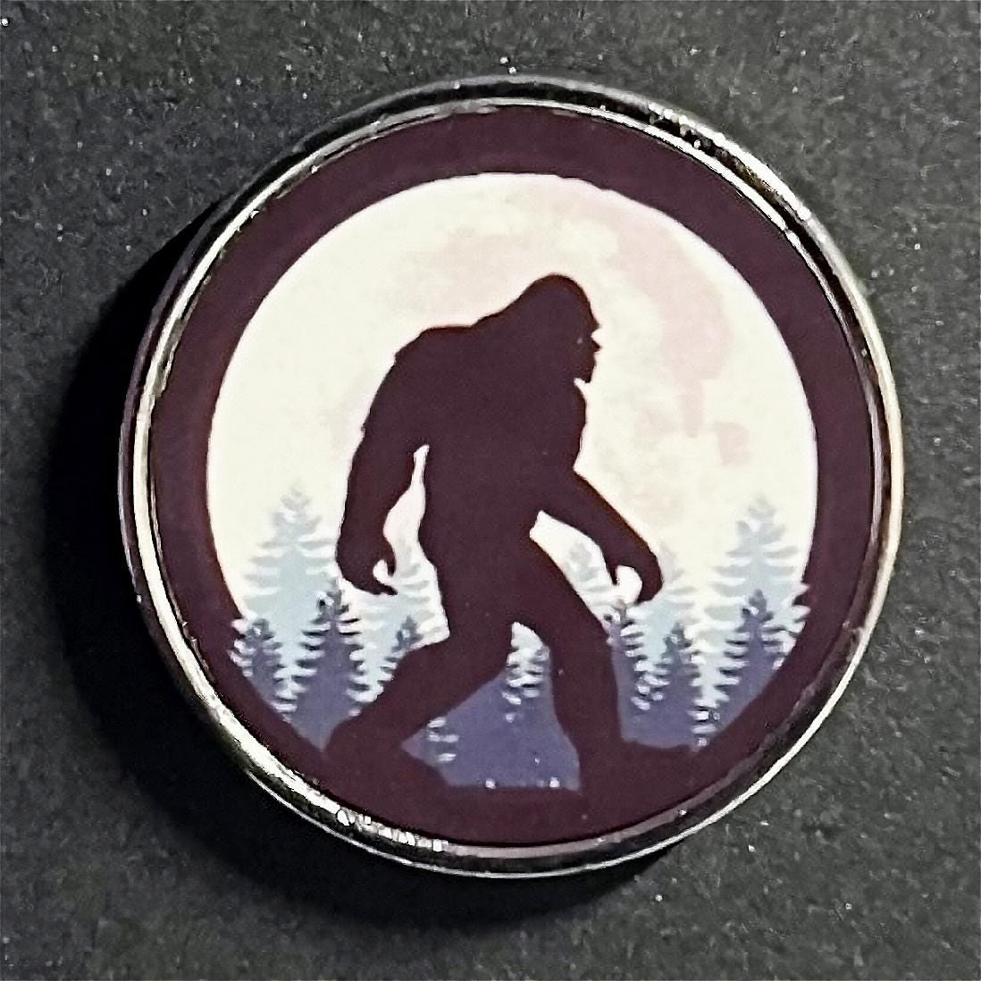 Bigfoot Pin: PNW Sasquatch in Woods, Full Moon - 1" Wide