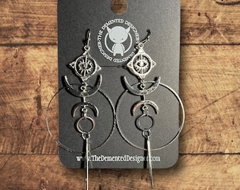 All Seeing Eye with Crescent Dangle Earrings - Metal Hoop earrings to help you stand out. - FREE SHIPPING