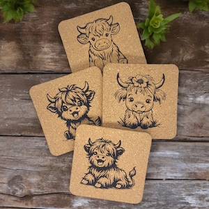 Cow Coasters, Highland Cow Decor, country decor, highland cow gifts, cow lover gift, rustic kitchen decor, gift for friends, gift for home