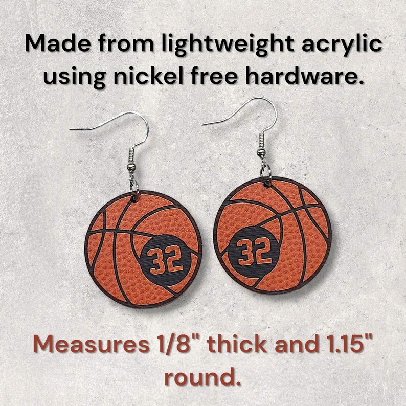 Personalized basketball earrings with a players jersey number. Made from lightweight acrylic, they measure 1/8" thick and 1.15" round. Great gift idea for basketball moms!