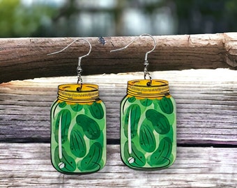 Pickle jar earrings, pickle jewelry, pickle lover gift, gift for her, gift for friends, dangle earrings, gag gift, pickle accessories