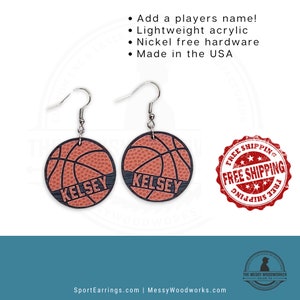 Basketball earrings, personalized with players name, includes FREE SHIPPING! Personalized basketball earrings for women and girls.