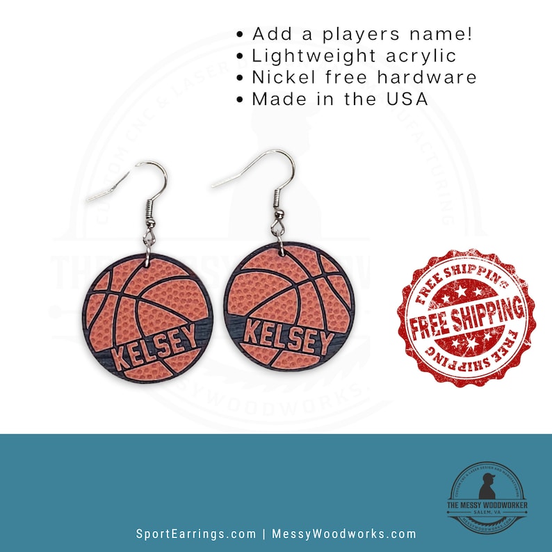 Basketball earrings, personalized with players name, includes FREE SHIPPING! Personalized basketball earrings for women and girls.