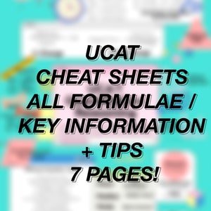 Puede incluir: Un gráfico rosa y azul con el texto "UCAT CHEAT SHEETS ALL FORMULAE / KEY INFORMATION + TIPS 7 PAGES!" en texto negro.