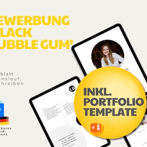 Puede incluir: Una plantilla digital para una cartera de solicitud de empleo. La plantilla está diseñada en un esquema de color blanco y negro con un círculo amarillo que dice "INKL. PORTFOLIO TEMPLATE". La plantilla incluye una carta de presentación, un currículum y una cartera.