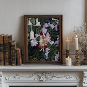 May include: A framed rectangular wall art print featuring a central illustration of a small winged figure surrounded by purple bell-shaped flowers and dark green fern leaves. The artwork is enclosed in a dark brown wooden frame with a simple profile.