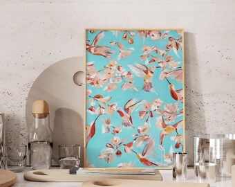 アクアハチドリの油絵アートプリント、鳥と花の壁掛け