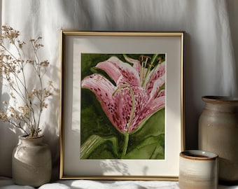 Pink and Green Lily Botanical Watercolor Art Print, Floral Wall Hanging