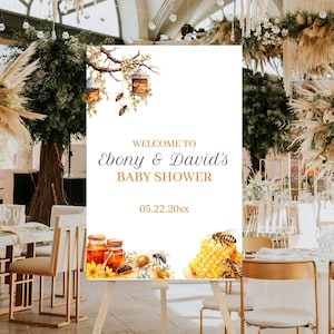 Letrero de bienvenida para baby shower de mamá a abeja, abejorro, revelación de género, letrero de bienvenida de qué será el bebé abeja, plantilla editable para descarga instantánea, WP1