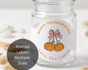 Custom Pink Orange Pumpkin Thanksgiving Stickers, Personalized Round Labels Retro Coquette, Printed Multiple Sizes