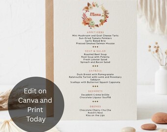 Menù modificabile per la cena del Ringraziamento, Menù per la festa, Menù del Ringraziamento, Download immediato, Menù stampabile, Modifica su CANVA