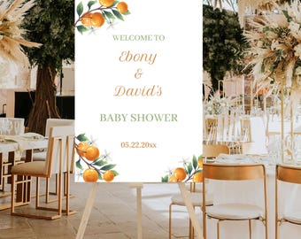 Redigerbar välkomstskylt för babyshower, En liten sötnos är på väg, välkomstskylt för babyshower med orange tema, könsneutral, LC1