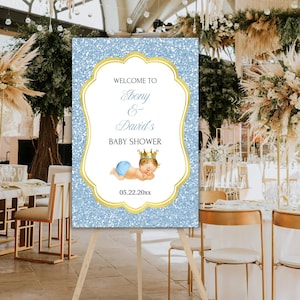 EDITABLE Royal Prince Baby Shower Welcome Poster, Royal Baby Shower Decor, A Prince is On It&#39;s Way, Baby Blue and Gold, AB5