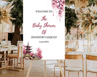 Editable Baby Shower Sign, Japanese Cherry Blossom Baby Shower Welcome Sign, Pink Floral Baby Shower, Outdoor Decor, PBM1