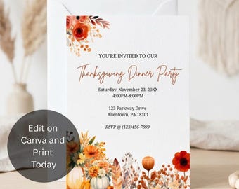 Editable Thanksgiving Invitation, Pumpkin Floral, Thanksgiving Invite, Printable Invitation, Dinner Invitation, Canva Template