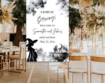 Halloween Baby Shower Welcome Sign, A Baby is Brewing Welcome Poster, Pregnant Witch, Gender Neutral Shower, Halloween Party, HBS2