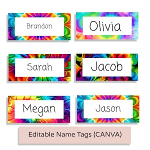 Editable Tie Dye School Classroom Name Tags, Rainbow, Editable, Elementary School Name Tags, Back To School, Classroom Labels, Desk Plates