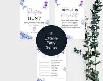 Mermaid Baby Shower Game Bundle Templates, Purple and Pink Baby Girl Baby Shower Game Set, Mermaid Themed Shower Game Kit, LM1