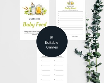 May include: Printable baby shower game cards with the text "Guess the Baby Food" and "Guess the Baby Feed". The cards feature a watercolour illustration of a baby bottle and a beer mug.