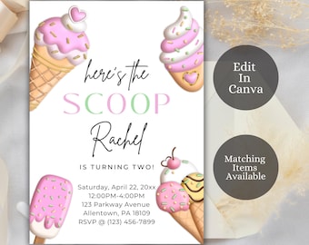 Editable Ice Cream Birthday Invitation, Here's The Scoop, Kids Birthday Invite, Ice Cream, Party Pink Blue Sprinkles, Digital, SB2