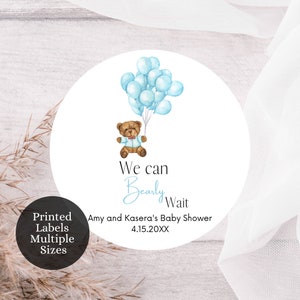 Wir können bärig warten Aufkleber - Wir können ärgerlich warten Babypartyaufkleber - Teddybär Babypartyaufkleber, Blue Bear Shower Labels, BlueTeddy