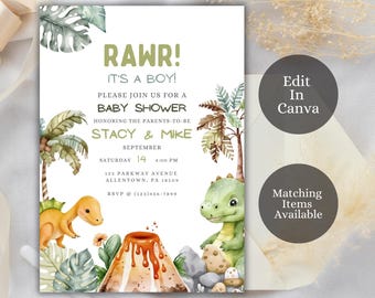 Invitación editable para baby shower, invitación con temática de dinosaurios, invitación para baby shower de dinosaurios para niño, dinosaurio niño, DTB1