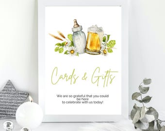 Editable Beer Baby Shower Cards and Gifts Sign, A Baby is Brewing Baby Shower Sign, Gender Neutral Greenery Bottle Baby Shower Signs, BRW1