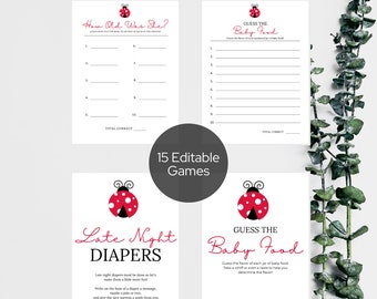 Editable Ladybug Themed Baby Shower Game Bundle Templates, Little Lady Baby Shower Game Set, Ladybug Themed Shower Game Kit, LLB1