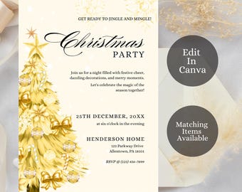 May include: A gold Christmas party invitation with a watercolor illustration of a gold Christmas tree with ornaments and bows. The invitation includes the text "Get Ready to Jingle and Mingle! Christmas Party" and details about the party, including the date, time, and location. The invitation also includes the text "Edit In Canva" and "Matching Items Available".